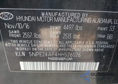 2017 Hyundai Sonata Se from USA, damaged, VIN 5NPE24AF4HH526026